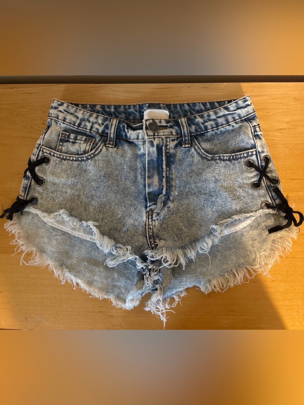 Frayed Light Blue Denim Jean Shorts with Side Lace-Up